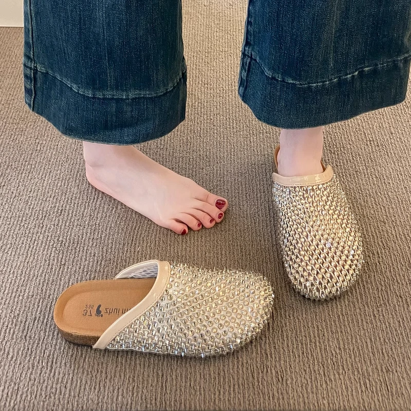 水钻满钻包头半拖鞋女夏外穿2025软底凉拖鞋网面镂空渔网鞋勃肯鞋