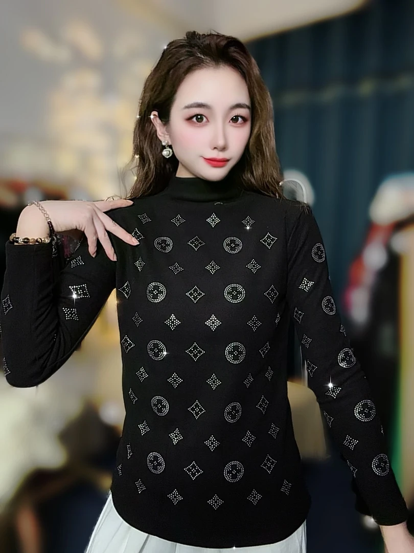 Q333【春秋薄款】棋盘格调打底衫女装欧货重工烫钻长袖T恤上衣女