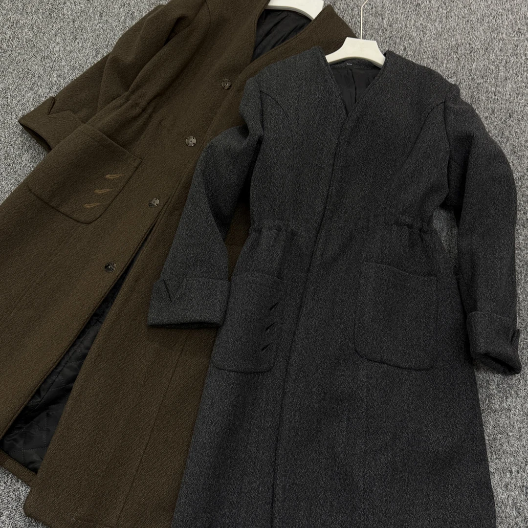 凤尾裙同款 |时尚气质V领收腰毛呢夹棉外套长款