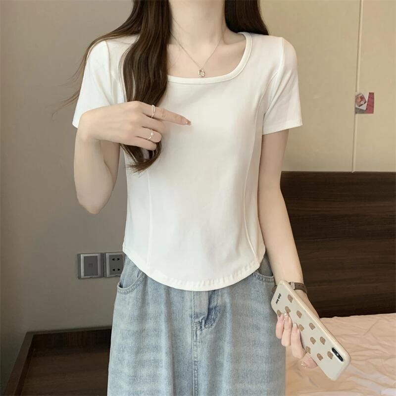 小个子低领白色短袖t恤女夏2025新款不规则弧形半袖学生正肩上衣