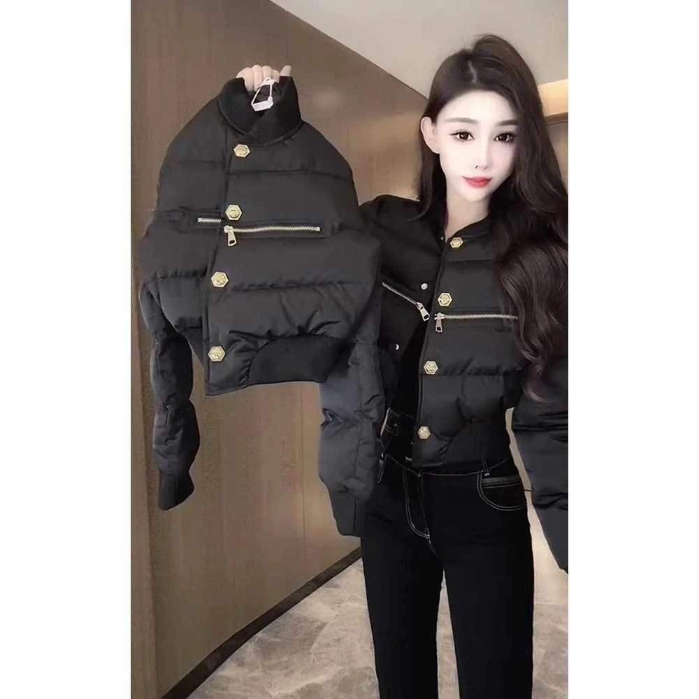 感欧货金属装饰立领短款棉服女冬季新款保暖面包服高腰外套潮