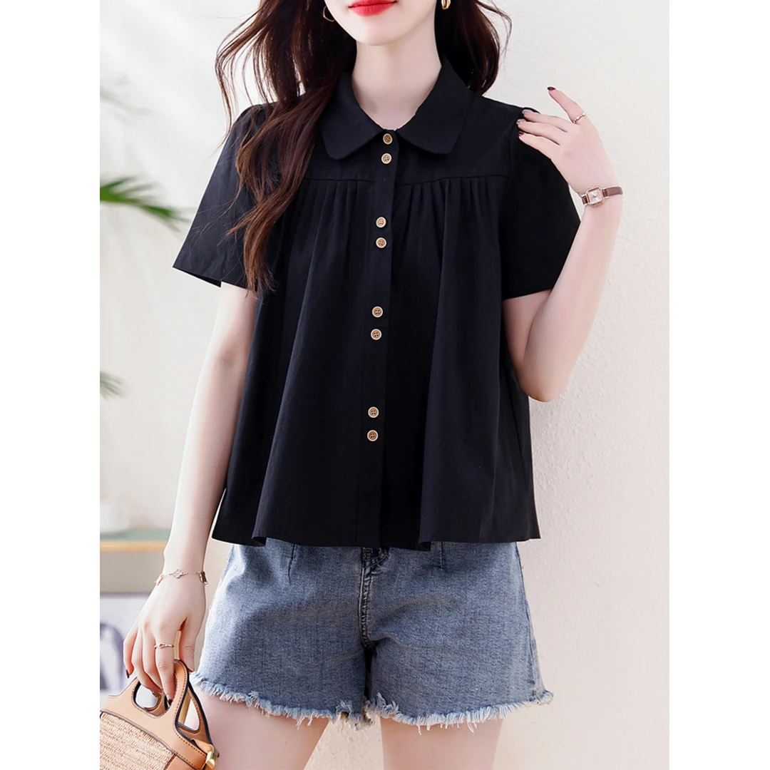 Polo领宽松短袖衬衫女款2025年夏季法式显瘦娃娃衫遮肚子气质上衣