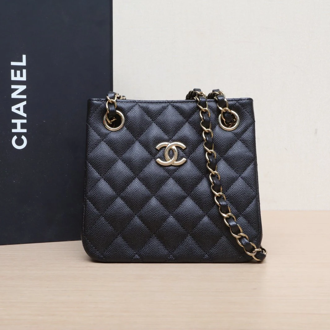 99新 Chanel/香奈儿 小花6枫22S 菱格纹 托特包 购物袋 黑色