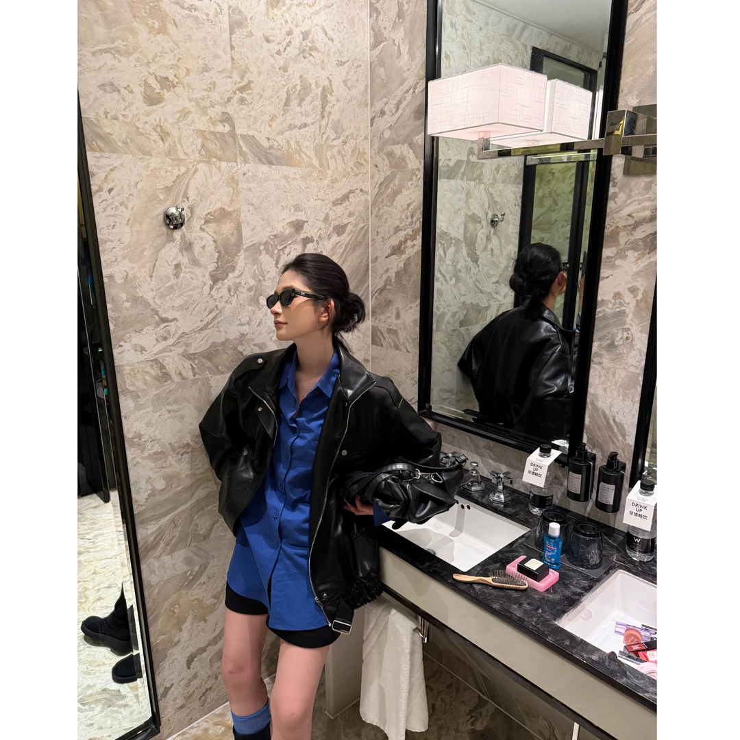 现货【海底世界】秋季新款长袖皮衣外套女韩版宽松休闲上衣62538