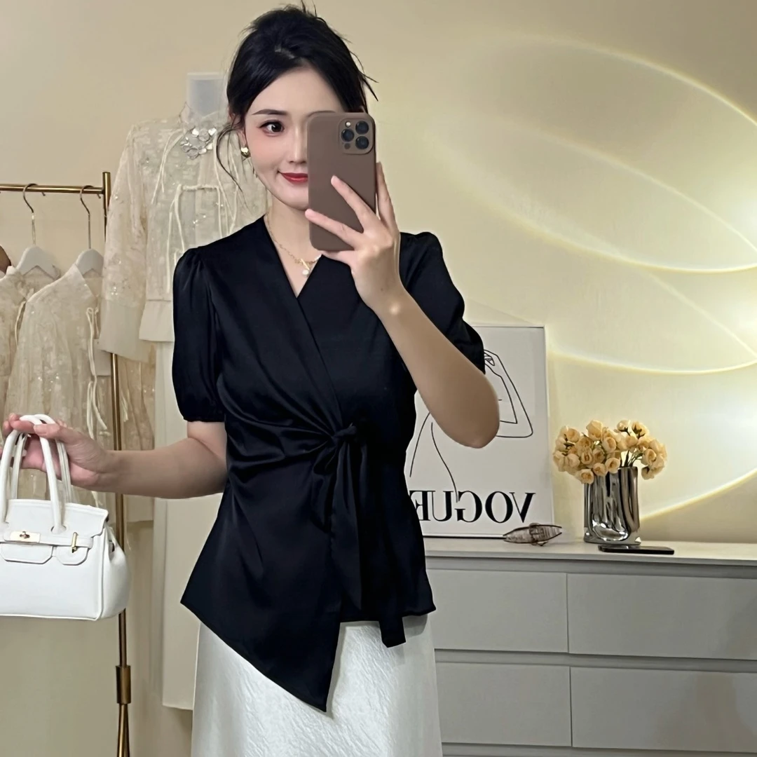 醋酸缎面领衬衫女高级感时尚洋气交叉绑带衬衣成熟御姐上衣法式