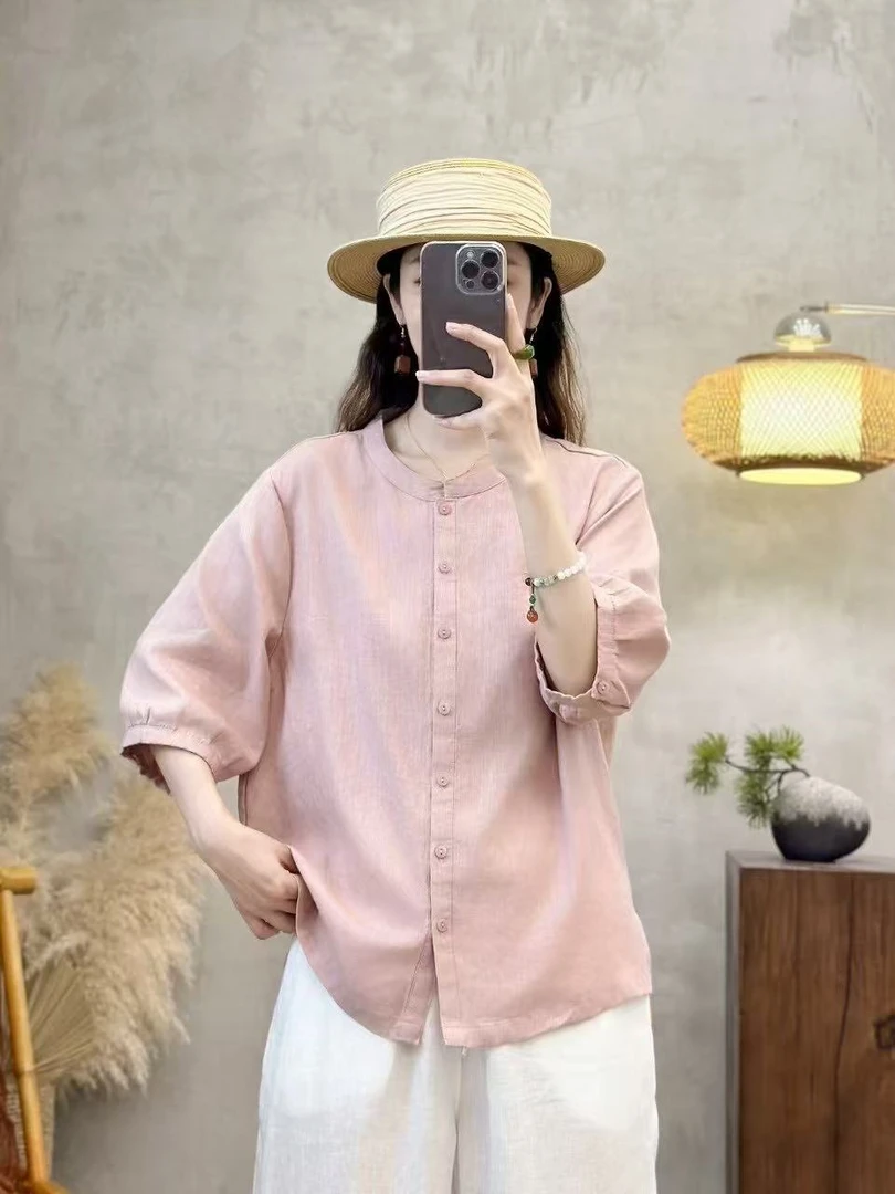 [100亚麻]圆领树脂固色中袖超薄亚麻衬衫女女装休闲中式老钱风