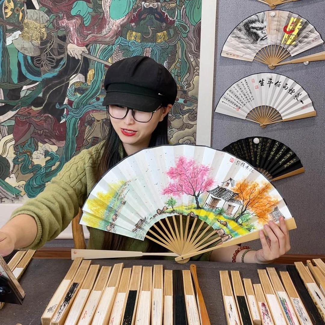 国画10寸玉竹-纯手绘-文玩扇骨（默认粘好）