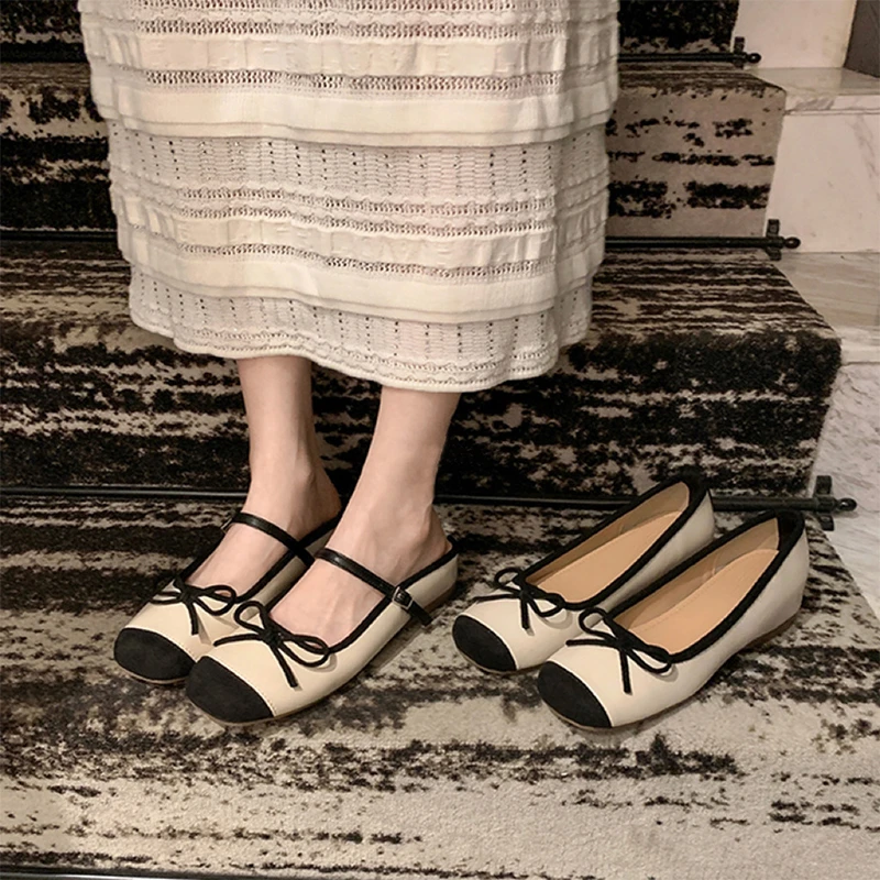 法式芭蕾鞋女夏季新款平底蝴蝶结一字浅口奶奶鞋甜美玛丽珍单鞋女