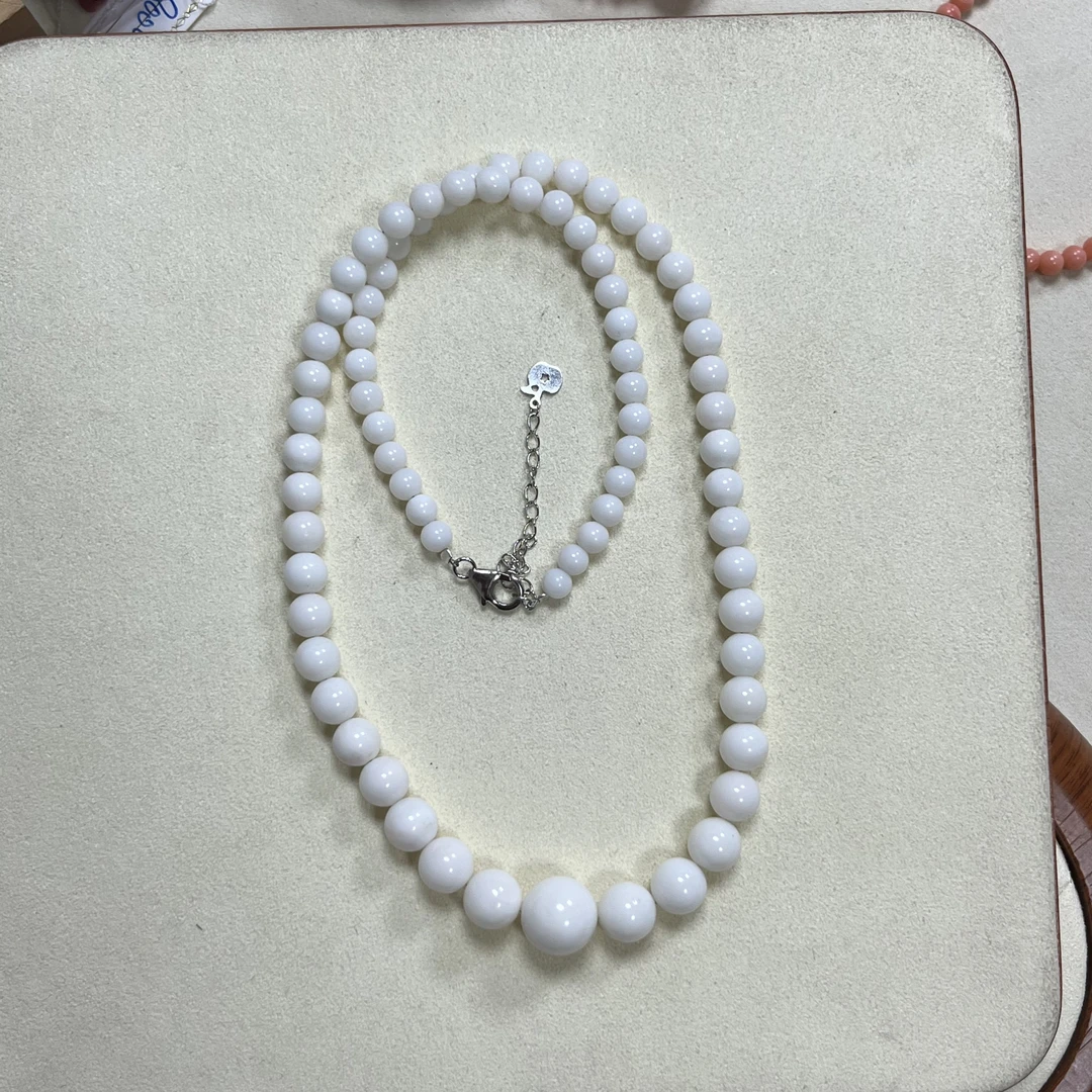 纯天然莫莫珊瑚白色猪油膏圆珠塔链