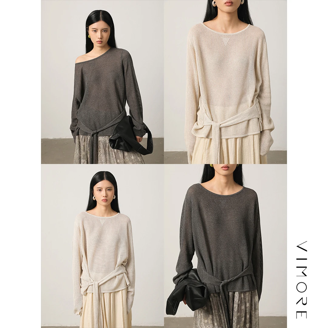 VIMORE未沫天丝亚麻微透呼吸感露肩绑带设计罩衫百搭镂空针织上衣