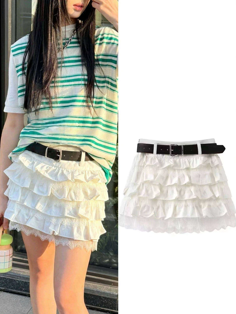 【蕾丝拼接半身裙】夏季显瘦蛋糕裙半裙松紧腰夏季裙子短裙（Z999)