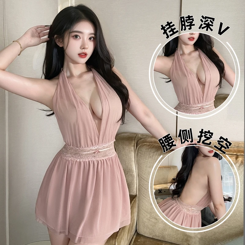 性感短款裙子花边无袖V领约会露背女睡裙吊带裙气质时尚薄902715
