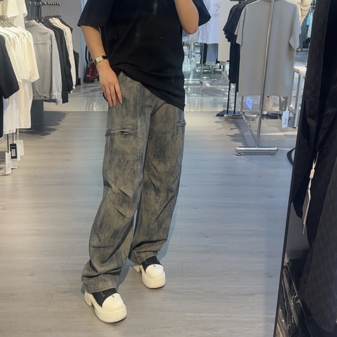 休闲裤水洗阔腿微弹力扎染美式长裤口袋秋季破洞宽松