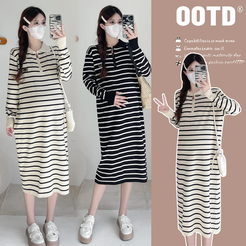 2025春季POLO领小个子孕妇装条纹宽松半开领气质减龄孕妇连衣裙
