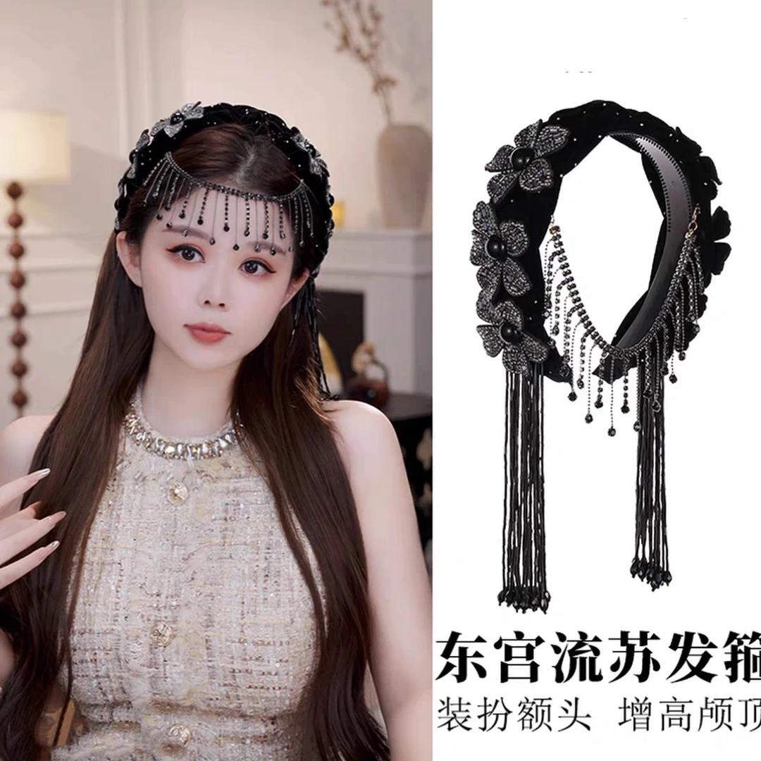 东宫发箍宽边遮发缝立体花朵编织丝绒发饰流苏闪钻异域风情压发箍