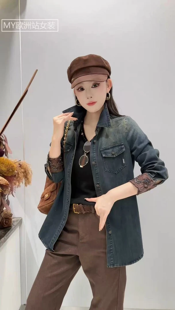 96011#欧货2025秋装新款翻领单排扣牛仔衬衫袖口刺绣拼接