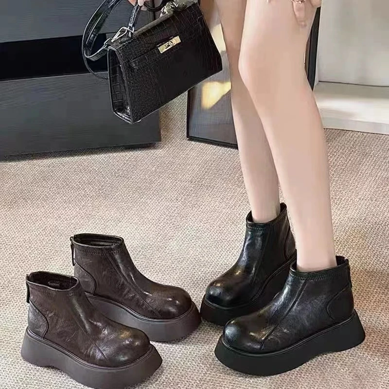 秋冬新款韩版通勤瘦瘦简约粗跟裸靴短靴D211-2(加绒)