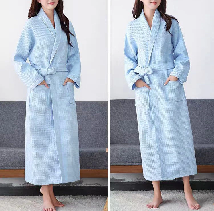时尚华夫格中长款家居舒适睡袍浴袍男女同款系带翻领晨袍睡衣S260