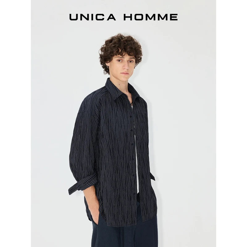 UNICA HOMME/美式时髦_进口皱感条纹褶皱衬衫上衣