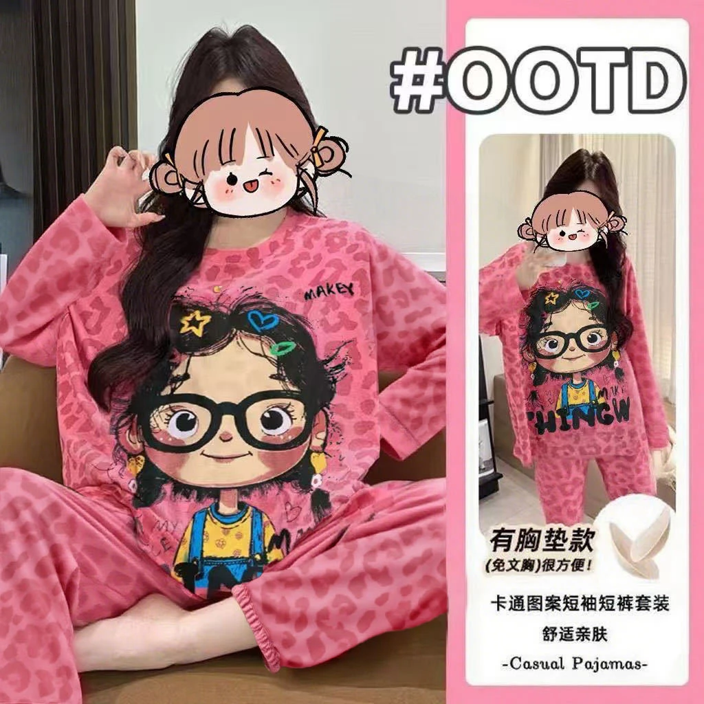 2025卡通网红带胸垫睡衣女长袖长裤秋季圆领家居服