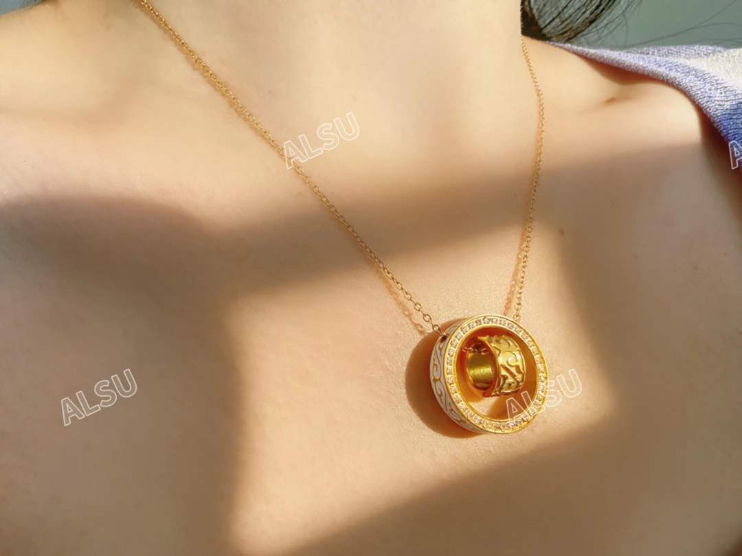 合金项链 ALSU原创经典民族风双环项链时尚环环相扣气质轻奢