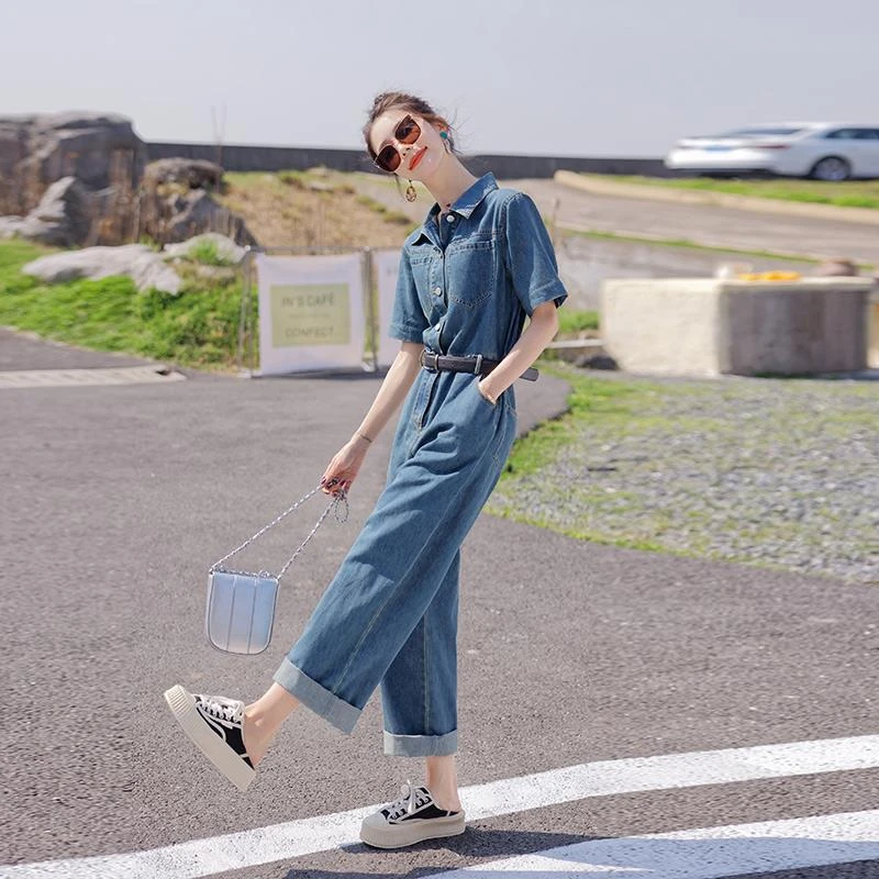 蓝色短袖牛仔连身裤套装女夏季2025新款高腰显瘦设计感衬衫连身裤