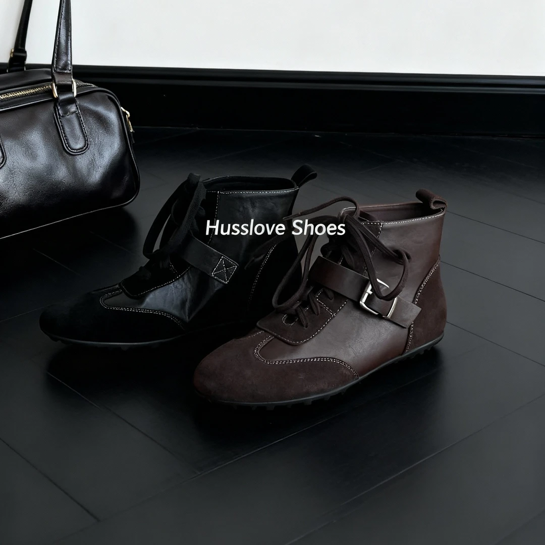HUSSLOVE 头层牛皮+牛反·跟高3CM·百搭舒适拼接高帮德训休闲鞋
