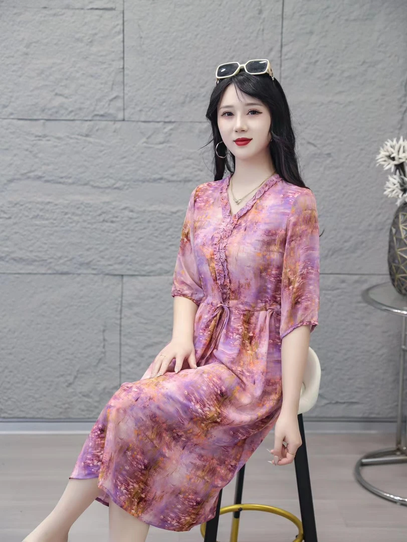 法式烟雾紫仙 高端V领2025年扎染印花定位显瘦中长款连衣裙#5889