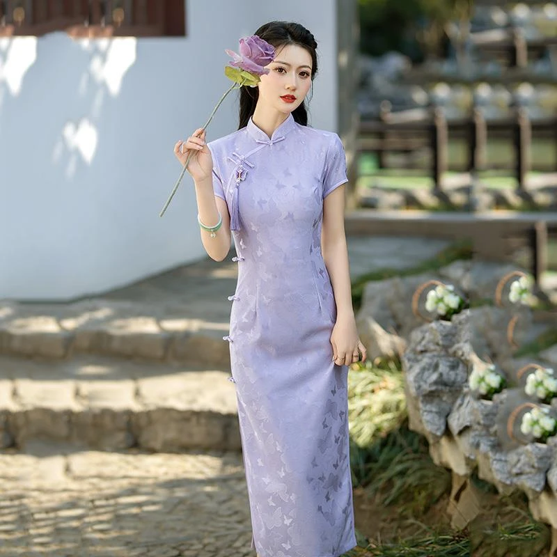 紫色蕾丝改良旗袍新款2025新款年轻款女国风复古修身日常可穿夏季