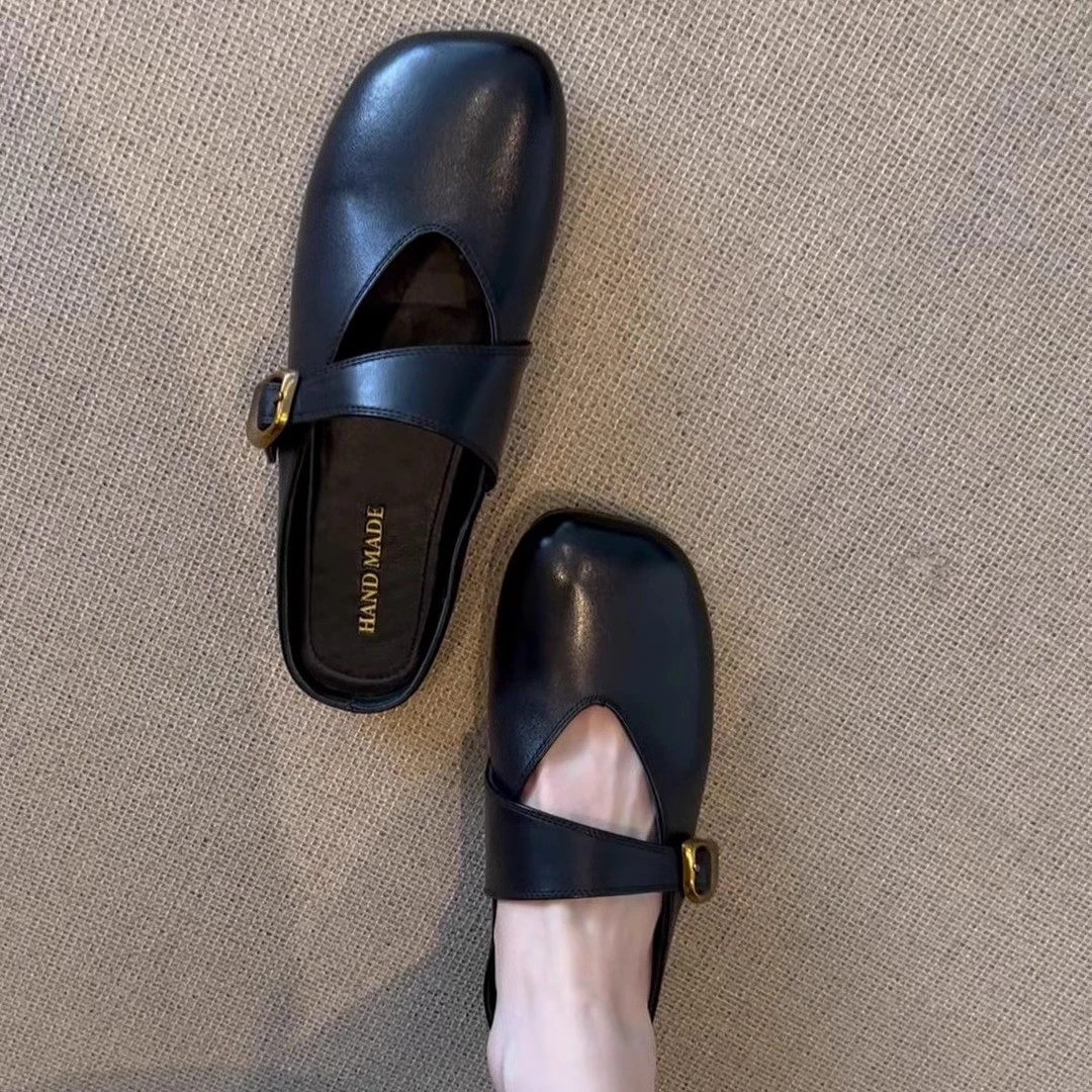 羊皮版~法式包头半拖鞋平底夏季外穿方头懒人百搭凉拖鞋真皮凉鞋