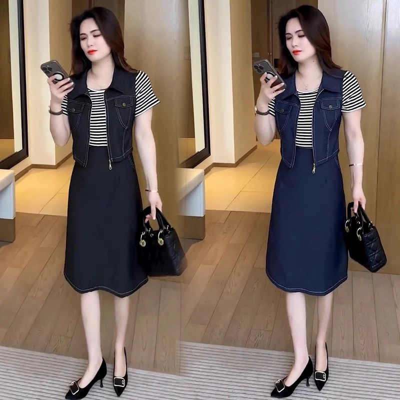 时尚连衣裙女2025夏季新款洋气减龄显瘦条纹拼接假两件短袖中长裙