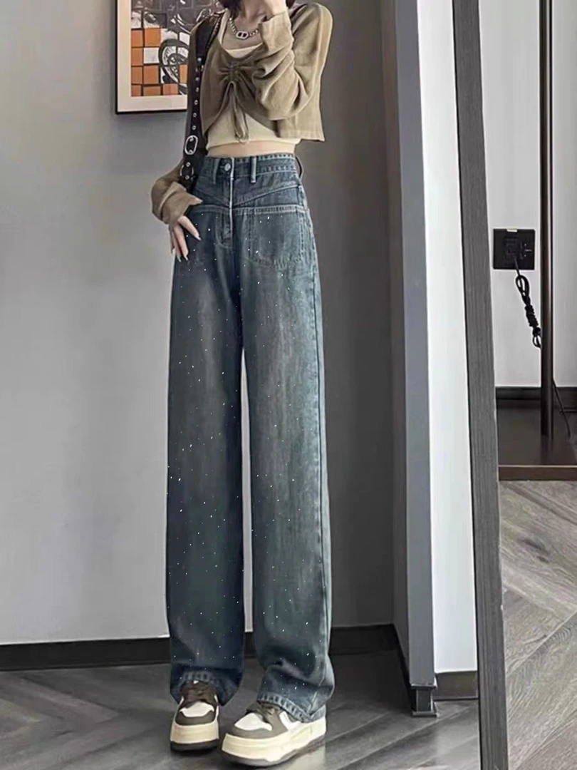 5715重工烫钻窄版直筒牛仔裤加绒2025新款冬季女直筒高腰牛仔裤