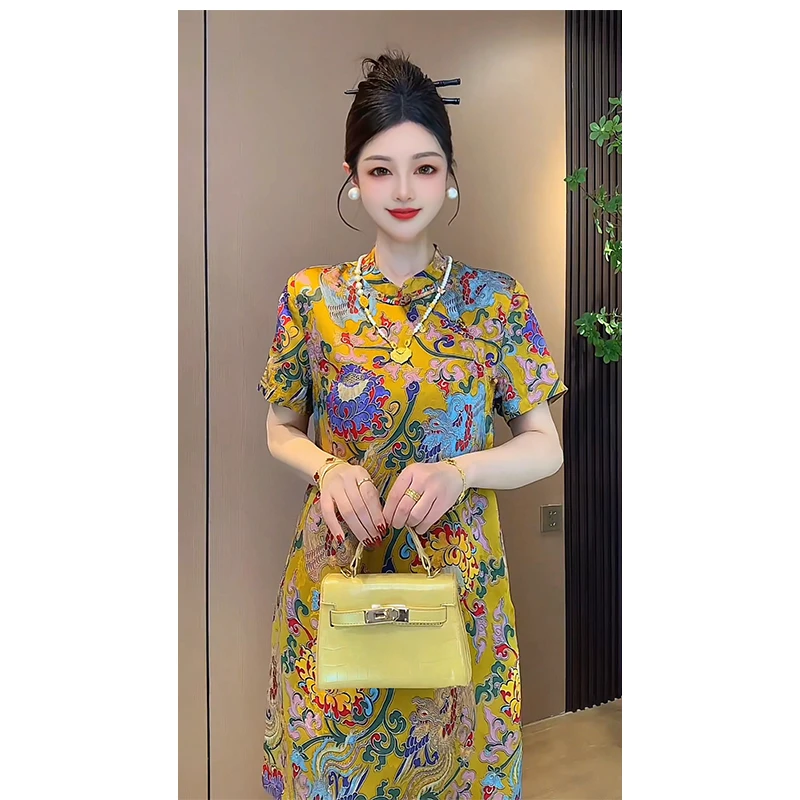 【双凤彩莲】国风新中式旗袍裙人丝提花复古A字连衣裙短裙裙子女装