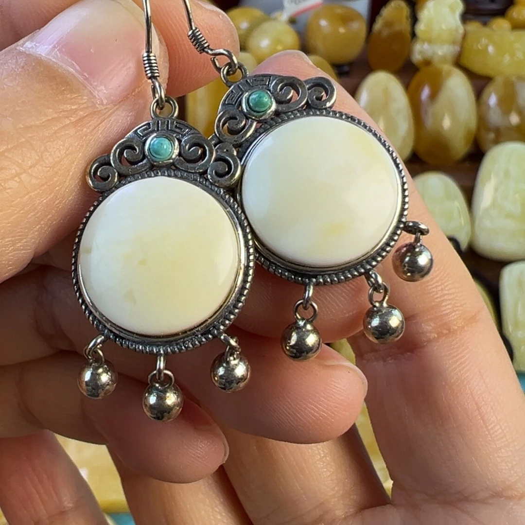 蜜蜡耳饰银S925镶嵌蜜蜡