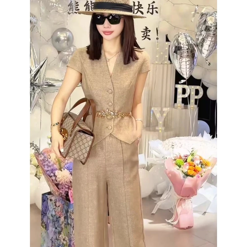 欧货轻奢高级感套装女2025夏季新款收腰V领上衣高腰阔腿裤两件套
