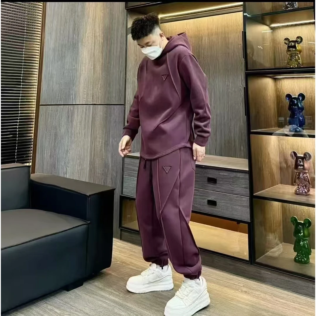 春季感重磅加绒休闲运动套装男士潮牌宽松百搭连帽卫衣束脚卫裤