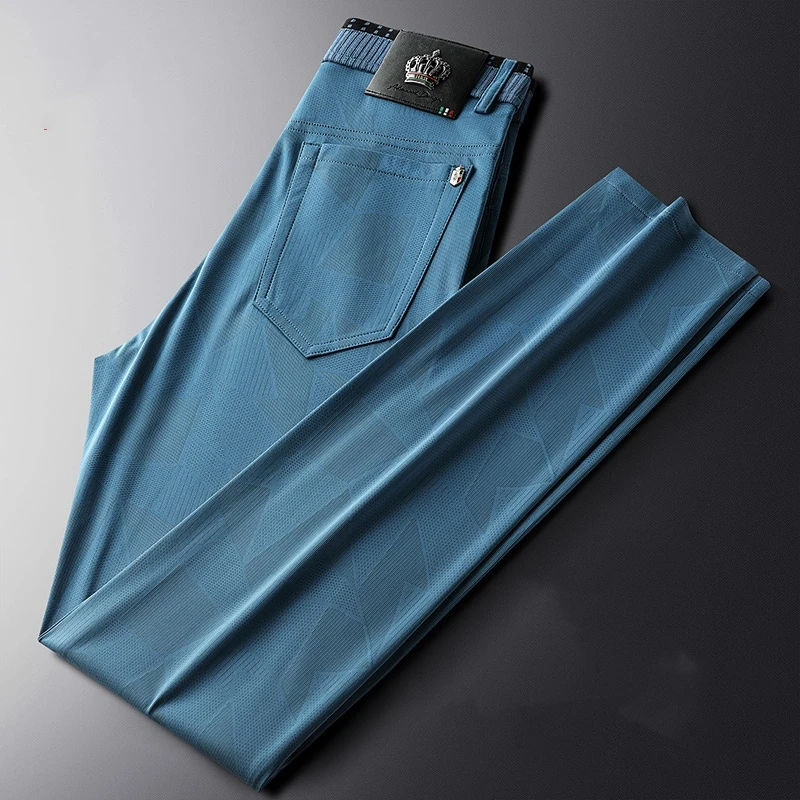 新款夏季直筒长腿休闲裤男弹力冰丝长裤暗纹凉爽冰氧吧大码薄裤子