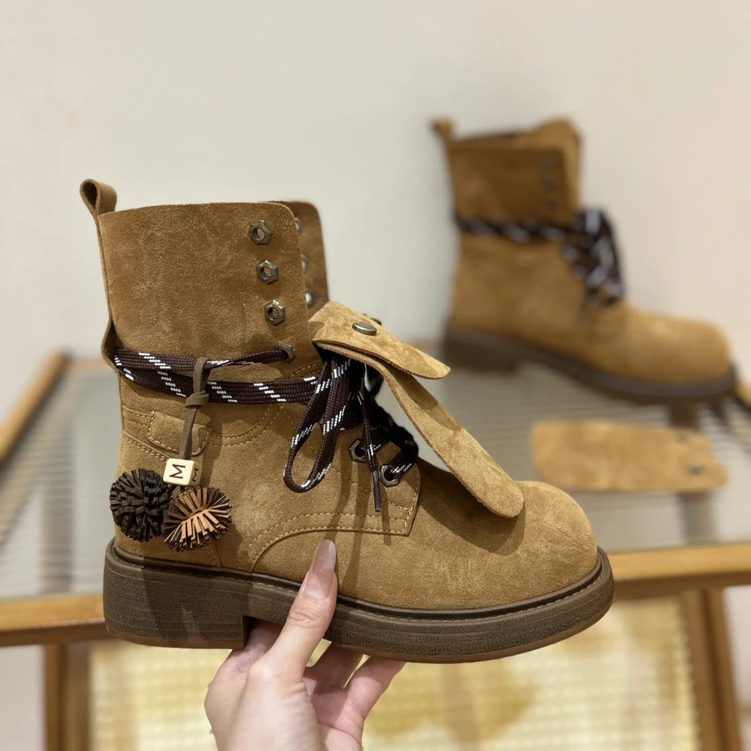 复古磨砂绒面西部牛仔靴2025秋爆款大黄靴系带粗跟圆头翻盖马丁靴