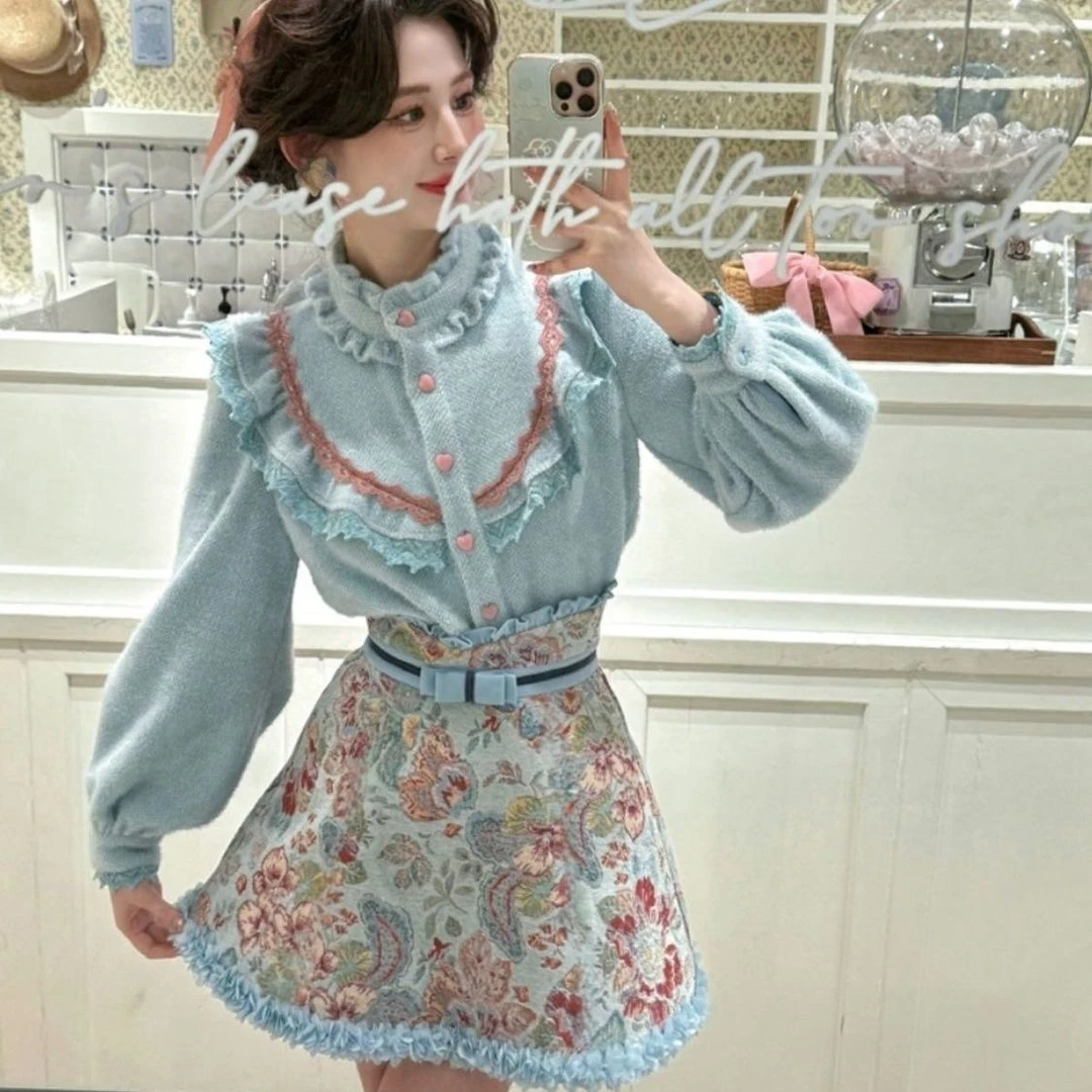 大码法式复古温柔气质设计感衬衫+撞色木耳花边提花半裙套装10748