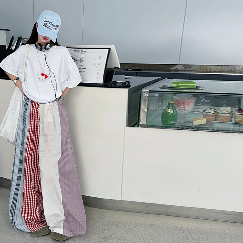 【现货】女童网红爆款夏季休闲日韩系拼色格子裤多巴胺宽松时尚套装