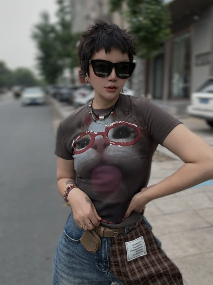 【济州岛】南油财神家  设计感小众猫咪印花短袖T恤