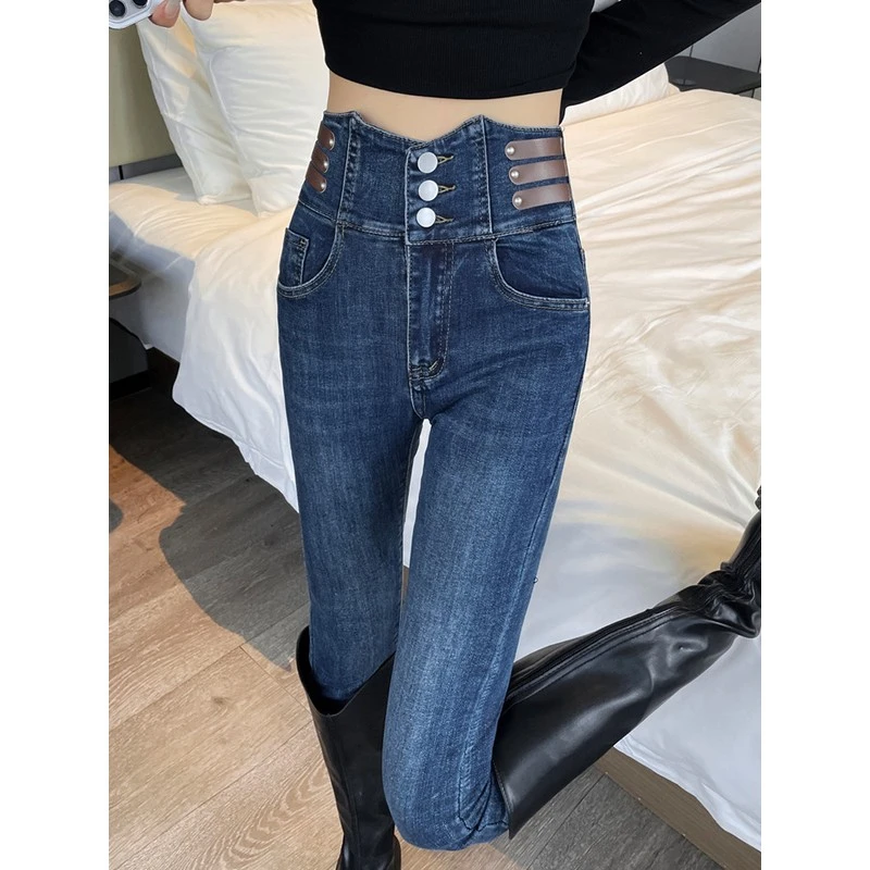 牛仔裤女秋季2025年新款高腰排扣显瘦紧身小脚铅笔加绒裤子女冬季