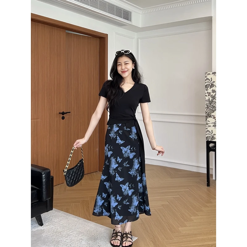 张阿星【夏威夷岛】夏季轻薄赫本气质拼接收腰连衣裙W425Q09255