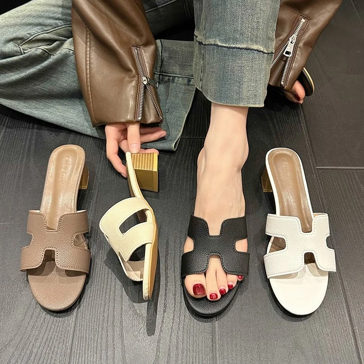 【舒适百搭款】拖鞋女外穿中跟一字2025新款夏百搭ins网红粗跟凉拖