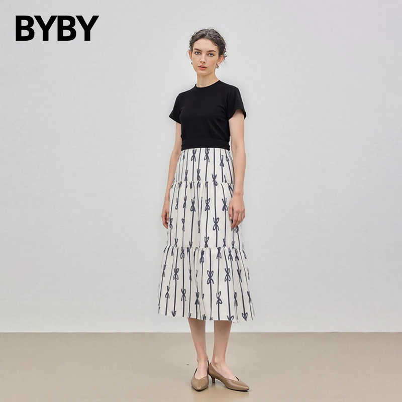 布衣布语蝴蝶结印花半身裙女2025早秋高腰显瘦A子裙中长款蛋糕裙