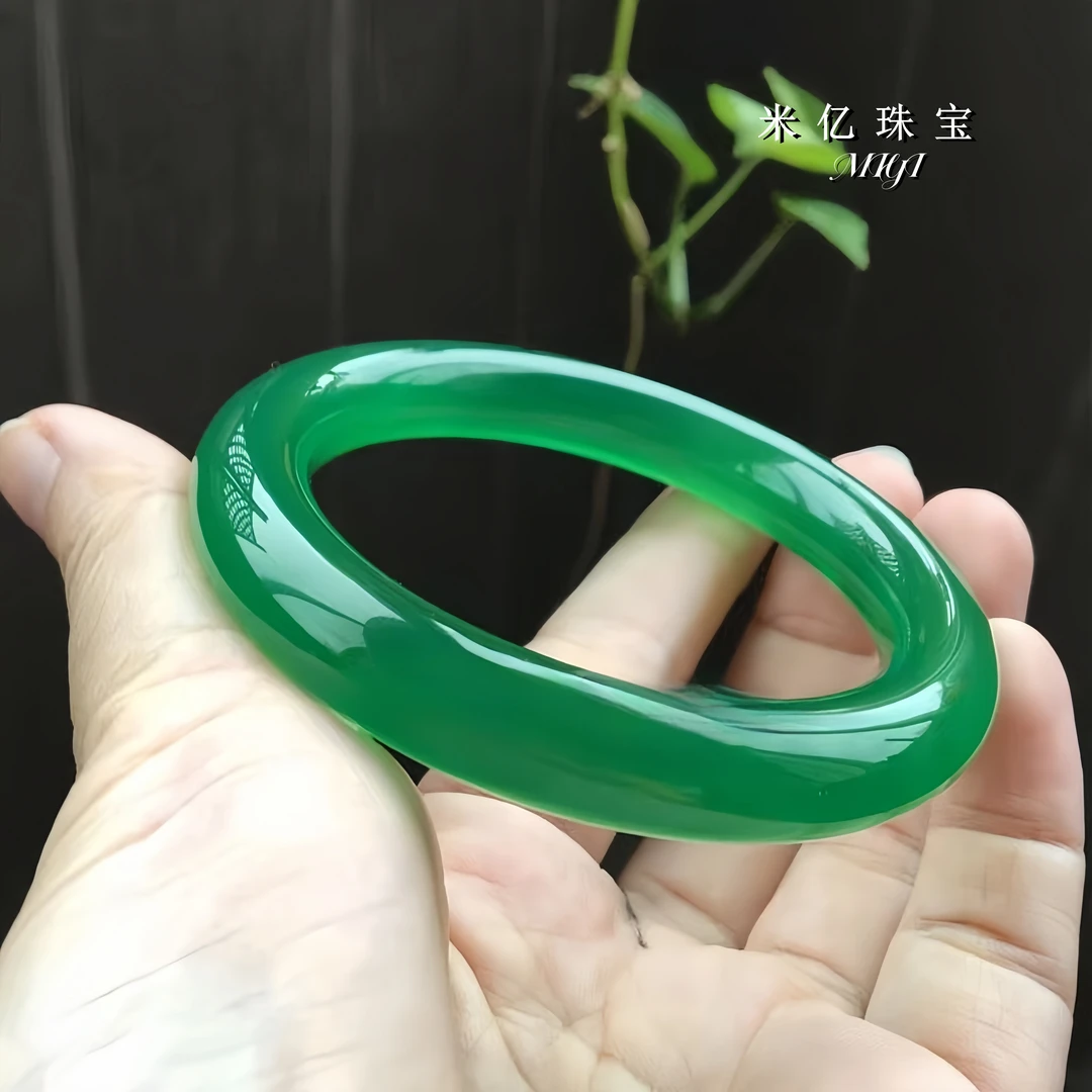 【MIYI】天然正品冰种帝王绿玉髓玉手镯女款正阳绿圆条绿帝王绿手镯