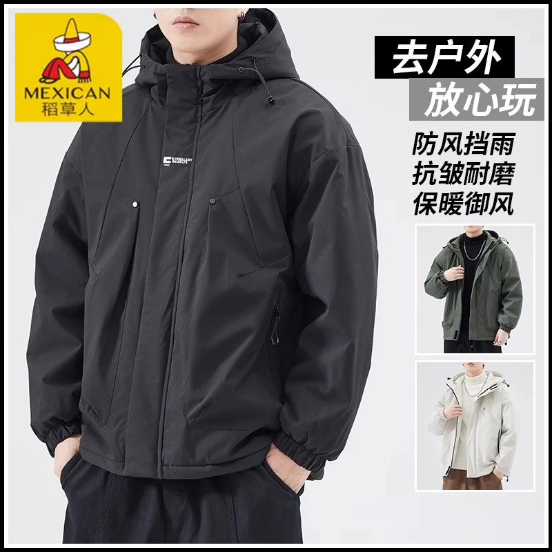 Mexican/稻草人春秋新款连帽工装夹克潮流男士宽松棉服上衣服外套