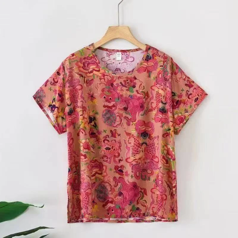 棉绸人造棉圆领短袖大码200斤国风碎花宽松时尚休闲女士T恤百搭