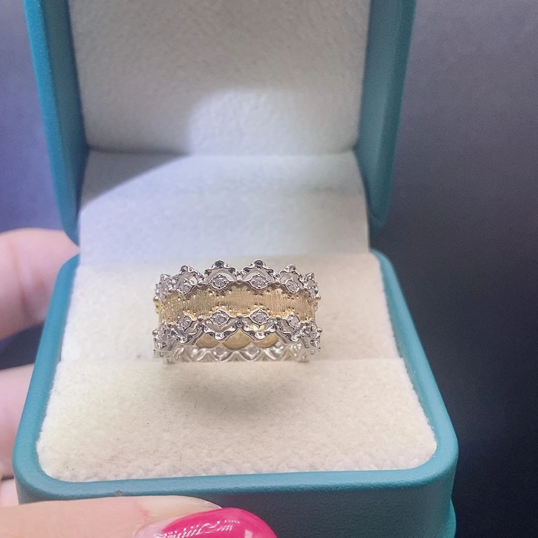 钻石戒指/指环18K金镶嵌黄白拼色蕾丝戒指15