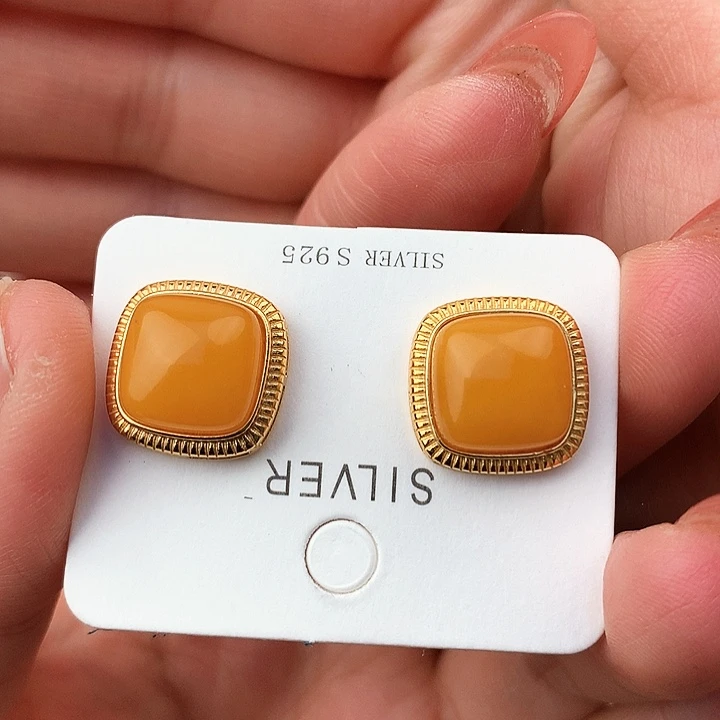 蜜蜡耳饰银S925镶嵌耳饰